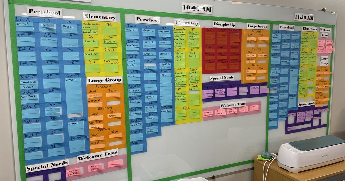 A detailed scheduling board tracking volunteer teams across every service